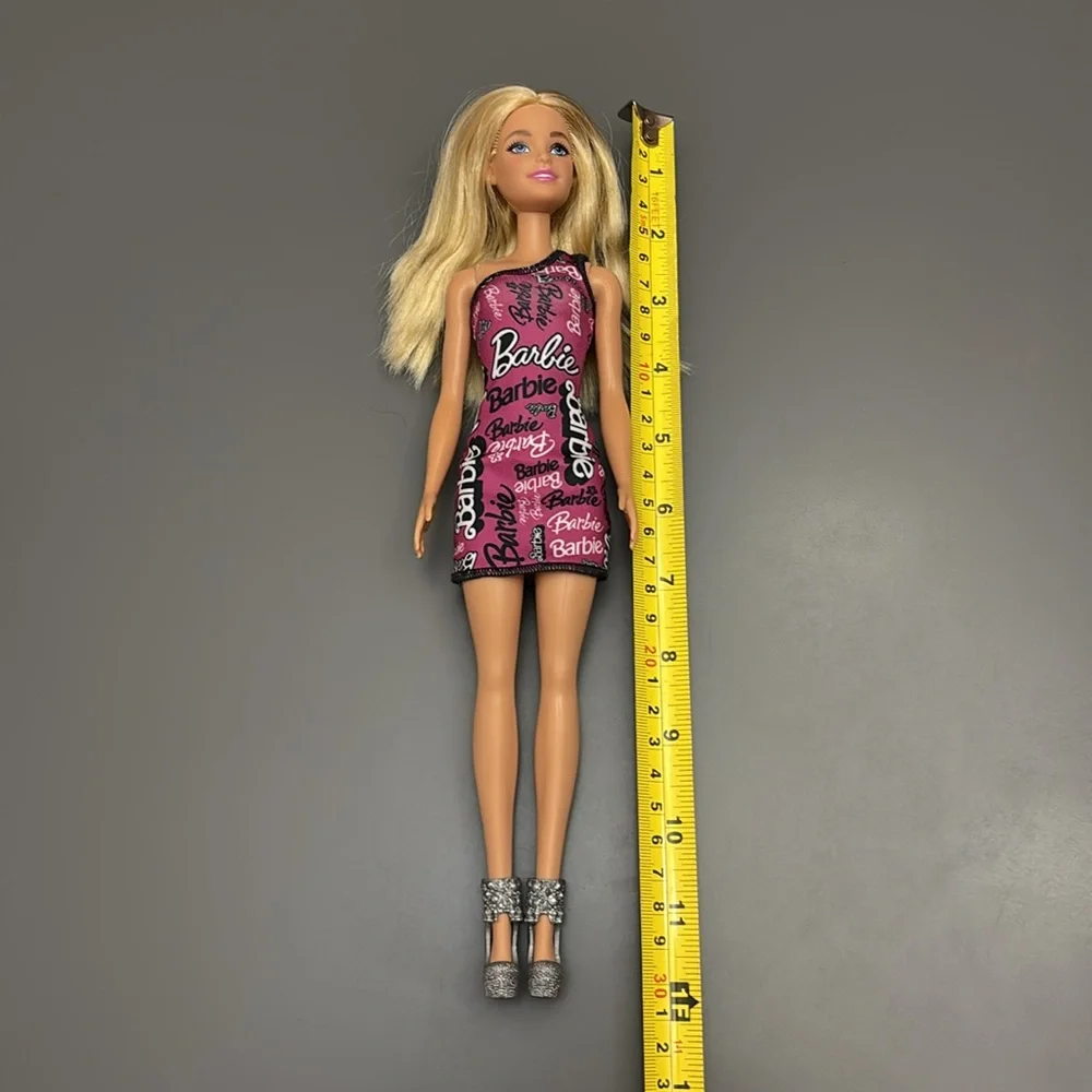 Barbie Doll Blonde Hair Blue Eyes Asymmetric dress high heels-FLAW: chopped hair